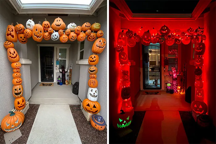 El arco de calabaza que hizo  mi esposa se ilumina. Realmente queda bien