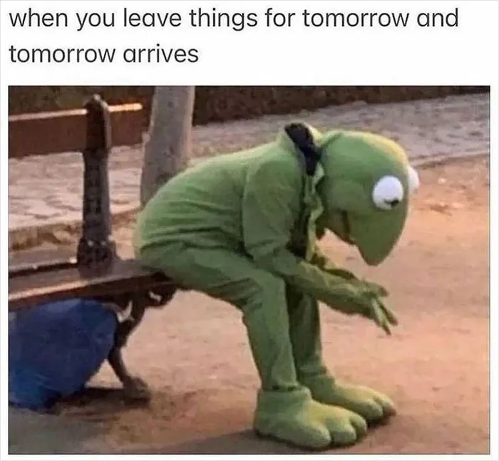A person in a Kermit costume slumped on a bench, representing feeling overwhelmed and tired.