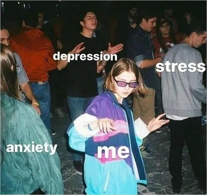Person dancing amidst labeled emotions: anxiety, depression, stress; capturing overwhelming life feelings.
