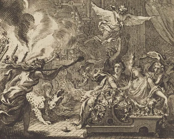 Painting of Minyades in a room filled with many people 