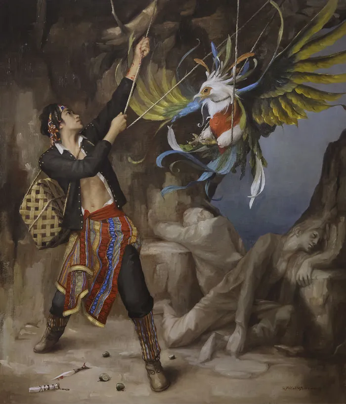 Painting of Ibong Adarna fighting with a man 