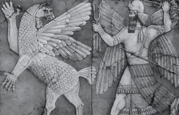 Painting of a Anzû fighting with a warrior 