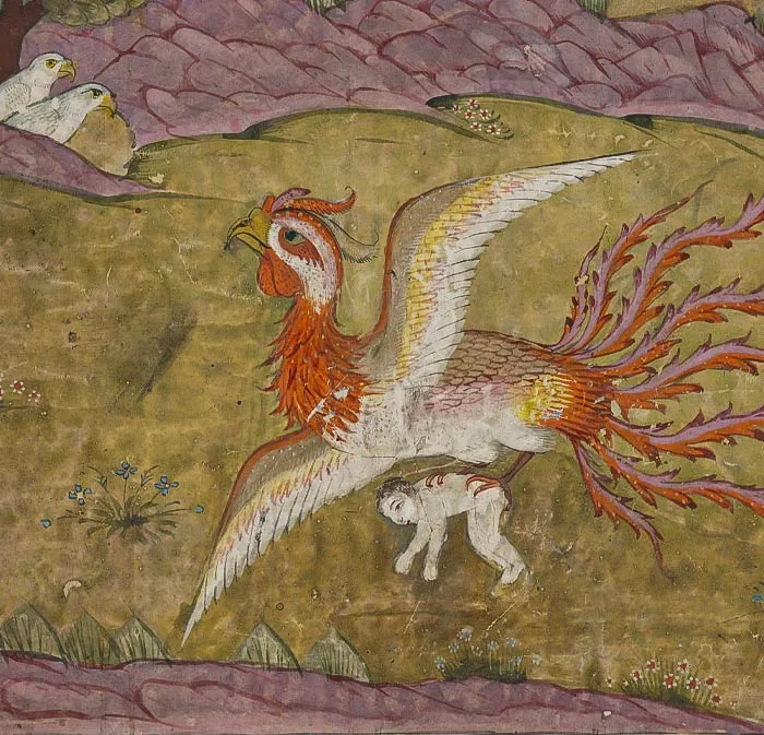 Painting of a Simurgh with a kid in his claws 