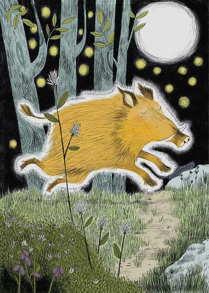 Painting of Gullinbursti running in the forest 