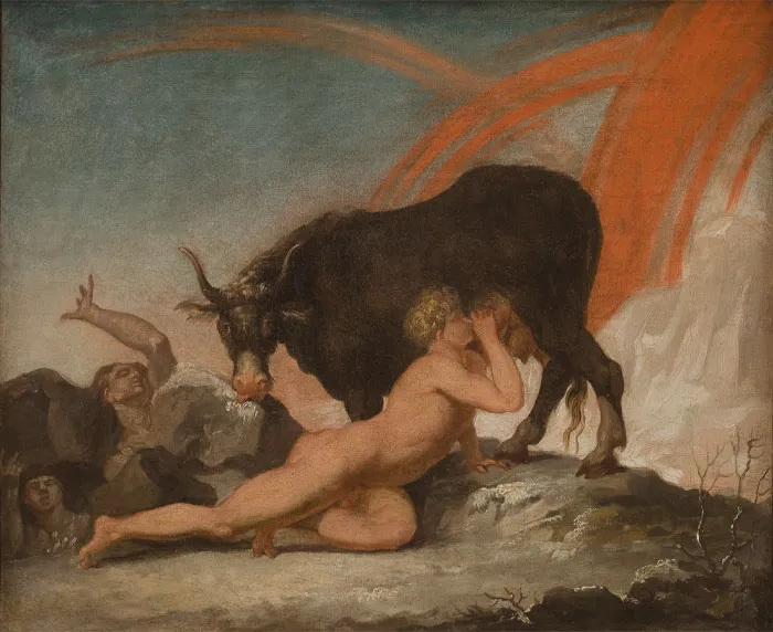 Painting of a man drinking milk from a Auðumbla cow 
