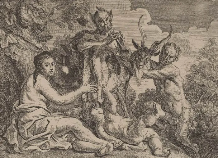 Painting of Amalthea with multiple people besides 
