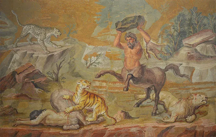 Painting of Centaur fighting with animals 