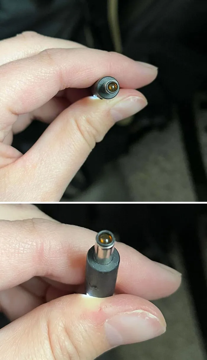 A Tiny Plastic Bead Has Somehow Wedged Into My Laptop Charger. It Is A Perfect Fit And Impossible To Remove, We’ve Tried Many Techniques