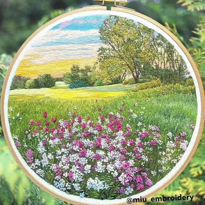 Made A 9” Thread Painting Landscape. Can’t Tell Which One Is More Time Consuming, French Knot Flowers Or Tiny Stitches Trees