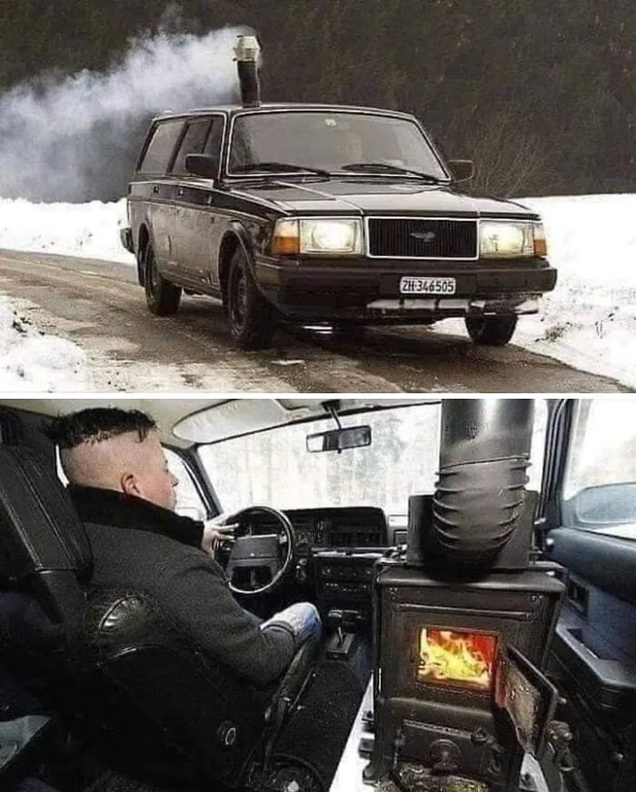 Car with a chimney and wood stove inside, showcasing disregard for OSHA safety regulations.