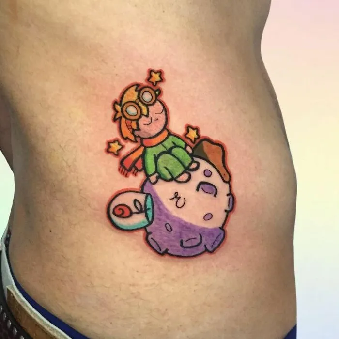 Cartoon tattoo of a whimsical character sitting on a planet with stars around, inspired by animated shows.