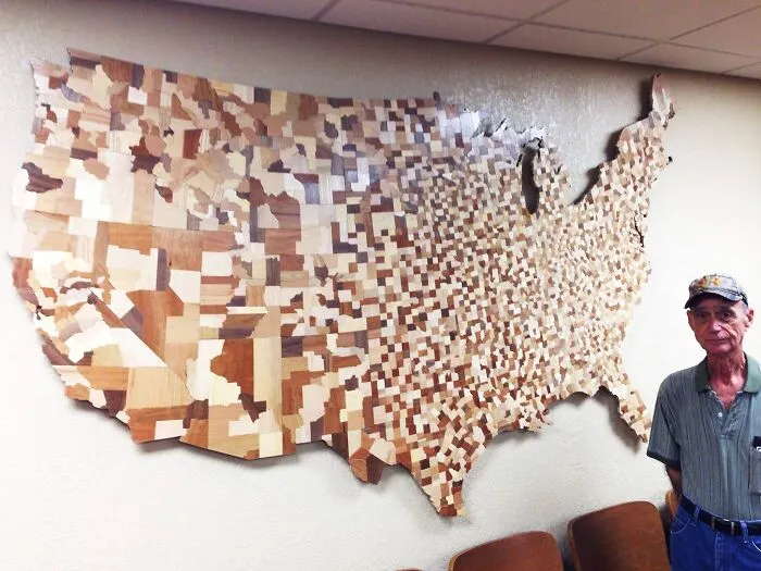 Map Of All The Counties Of The Contiguous United States Carved From Over 3 Thousand Wooden Blocks