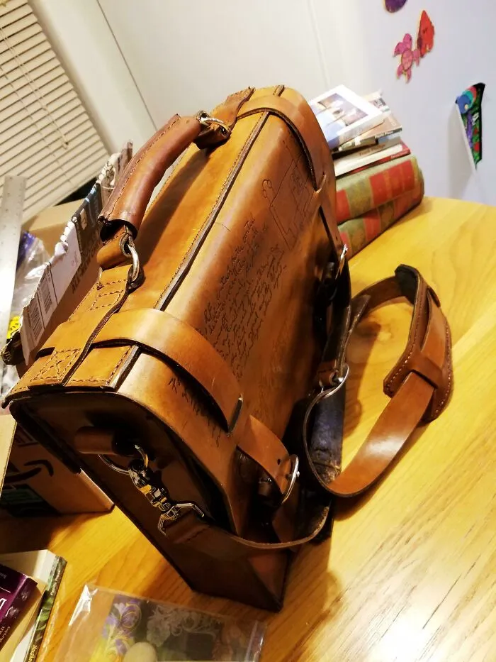 My Husband's Graduation Present! I Created The Template And Hand Stitched The Whole Thing. No Rivets, No Glue. Tooled Front With An Etching Of My Husband's Grandfather's Handwritten Notes And Schematics. (My Husband Is Graduating In A Degree His Grandfather Had Also Studied In)