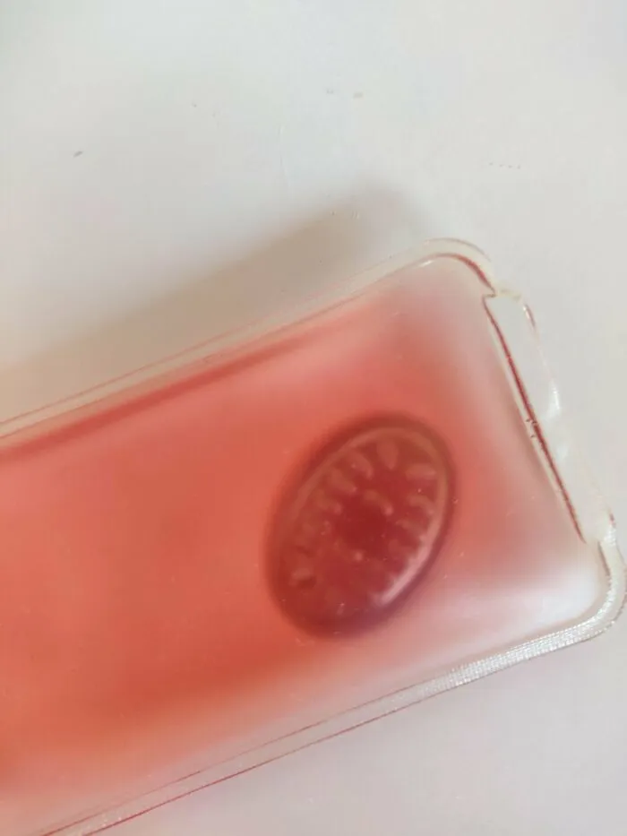 Pequeña bolsa de plástico con gel rojo y un disco metálico en su interior 