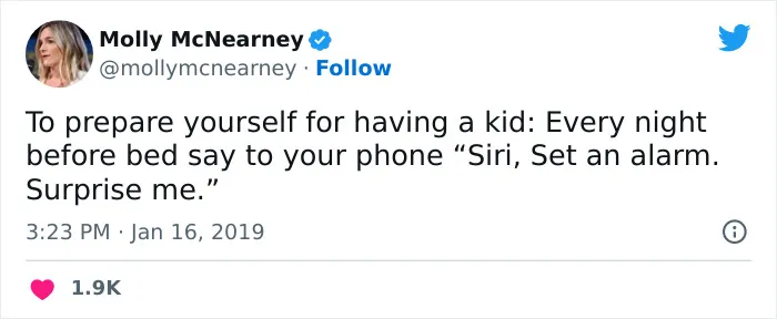 Tweet by Molly McNearney humorously addressing average parent problems with a Siri joke, liked 1.9K times.
