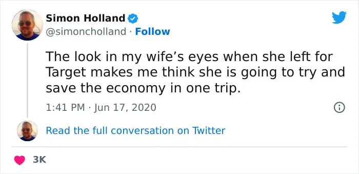 Tweet about average parent problems joking about a wife going to Target to save the economy.