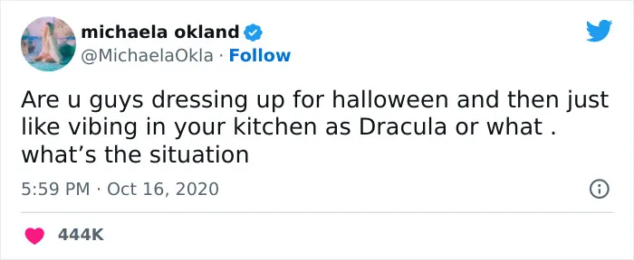 Tweet about dressing up for Halloween and vibing in your kitchen, related to average parent problems.