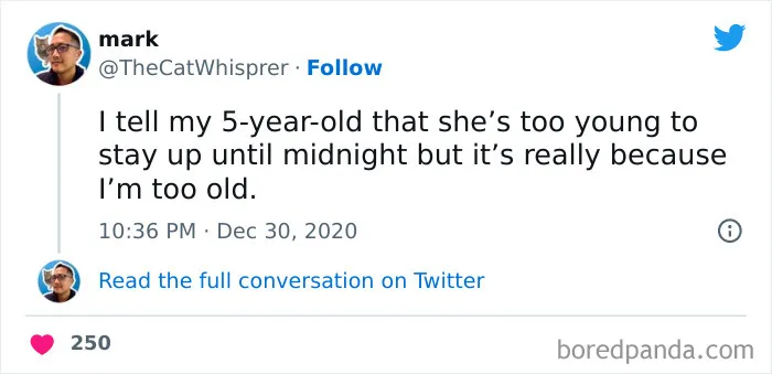 Tweet about fatherhood humor, highlighting bedtime excuses by dads.