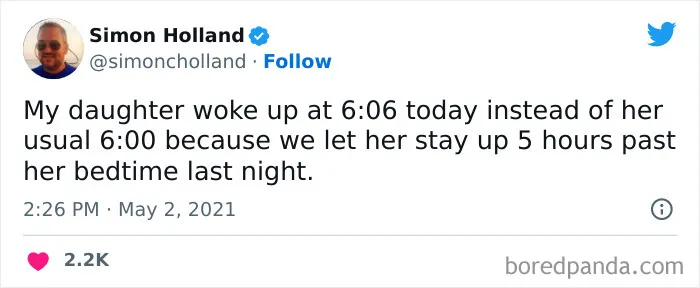 Tweet by Simon Holland humorously captures fatherhood: daughter's slight change in wakeup time despite late bedtime.