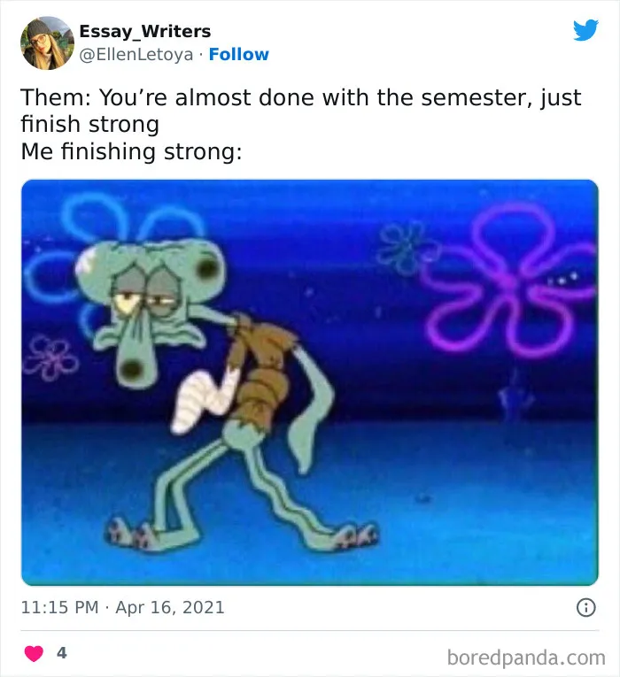 A tired, bandaged Squidward from Spongebob meme, slumped, walking through a dark blue ocean. A relatable Zoom meme.