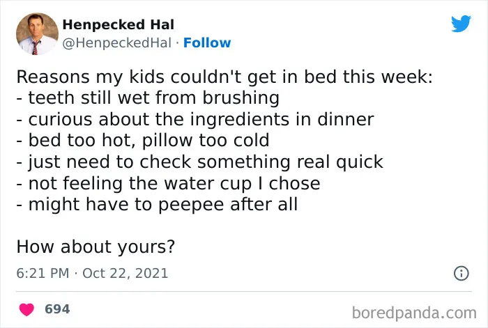 Fatherhood humor post by Henpecked Hal listing kids' excuses for not sleeping.