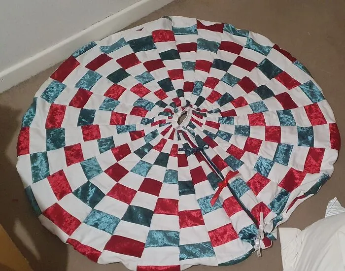 I Wanted A New Tree Skirt For This Years Candy Cane Tree, I Made This This Week, From 2 Cusions Covers And A Old Duvet Cover (Total Cost £2)