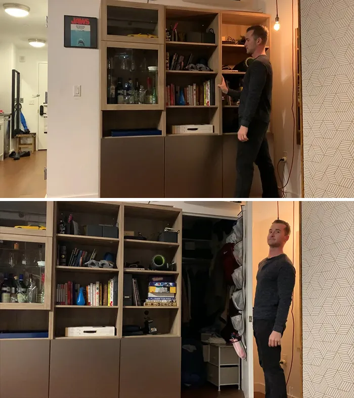 I Built A Sliding Bookcase Out Of 3 IKEA Besta Booshelves With 6 Casters Screwed To A Large Bottom Plate
