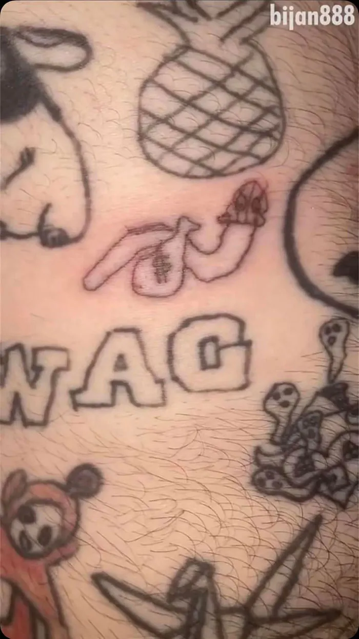 Incoherent tattoos featuring random designs and words.