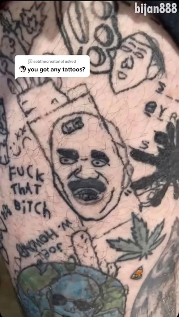 Bad tattoos with distorted faces and text on skin, shared on a Facebook group.