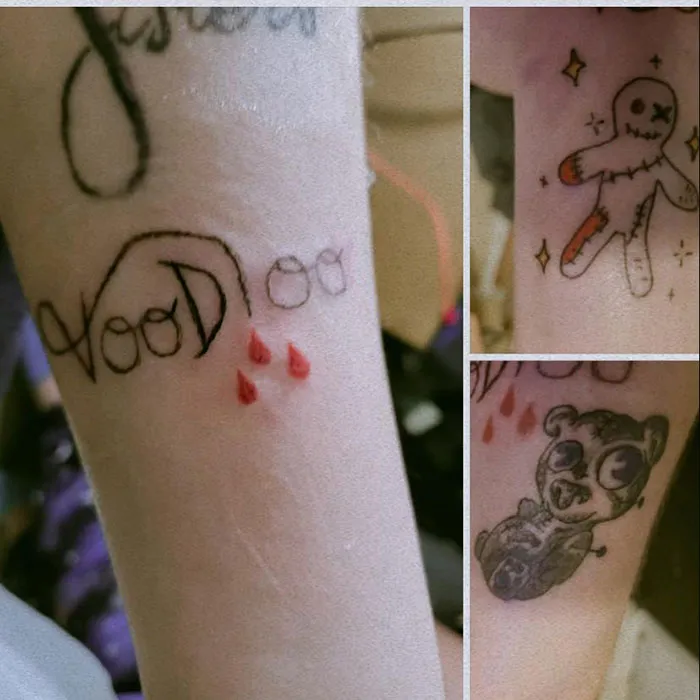 Unusual tattoos featuring "Voodoo" text, a voodoo doll, and an animated bear character on a person's arm.