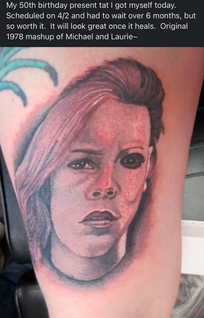 Poor tattoo of a person's face, shared on Facebook group showcasing tattoo fails.