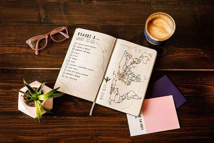 Book, coffee, and glasses for relaxing "me time" activities.