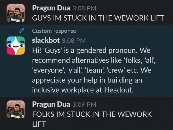 A Slack chat showing a user getting corrected by slackbot for using "guys," then rephrasing as "folks." A funny Zoom meme.