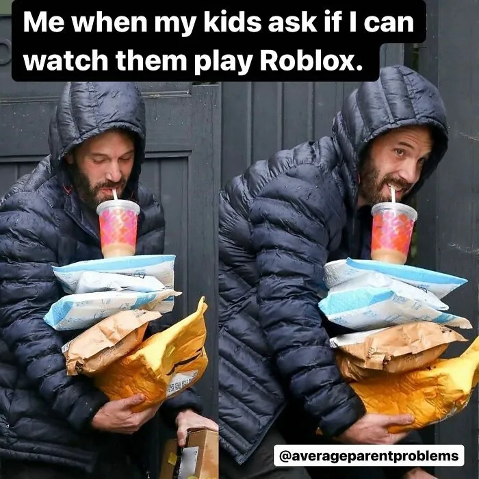 Man in hooded jacket holding packages and cup, humorous moment showcasing average parent problems on Instagram.