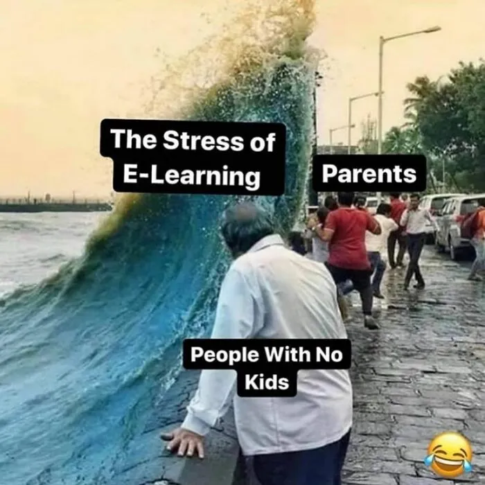 Average parent problems depicted as a wave labeled "The Stress of E-Learning" approaching, with "Parents" trying to escape.