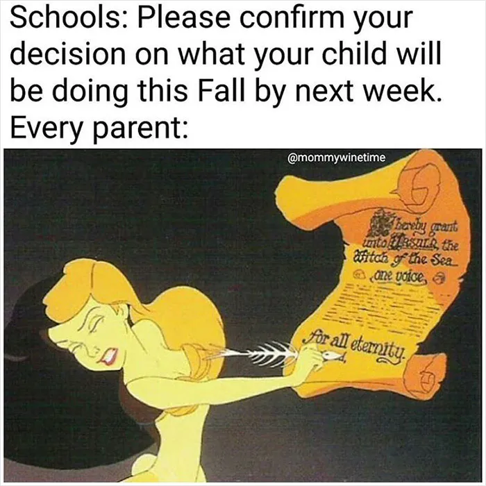 Animated scene depicting average parent problems with a humorous school-related message.