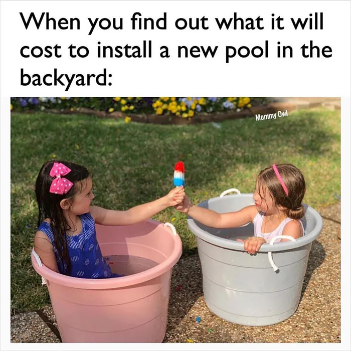Two children sitting in buckets in a backyard, sharing a popsicle, humorously depicting average parent problems.