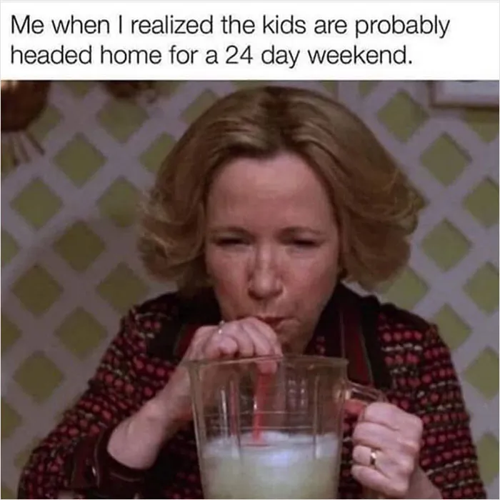 Woman sipping drink humorously, reacting to "average parent problems" about kids' extended weekend at home.