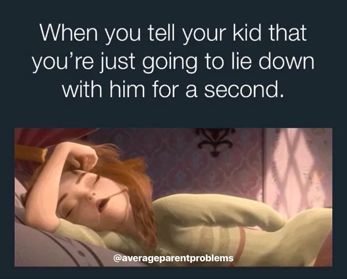 Sleeping cartoon character humorously depicts average parent problems.