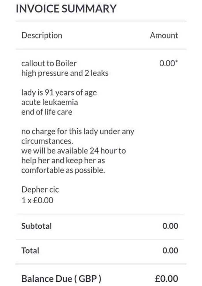 An Invoice From A Fantastic Gentleman Named James Anderson From The UK, After Fixing An Elderly Lady’s Boiler