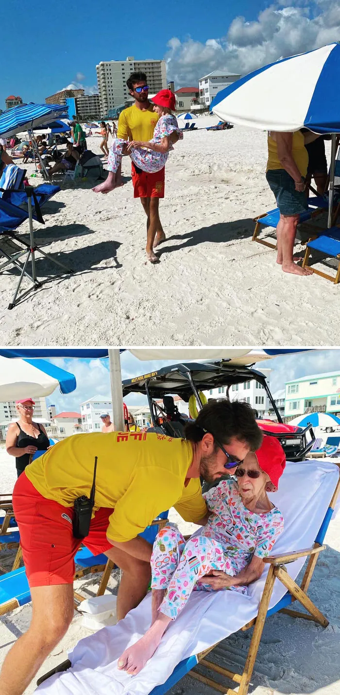 Todos los días, durante una semana, los socorristas se reunían con la Sra. Dottie y su familia para ayudarla a bajar a sus sillas de playa. Al final del día, la escoltaban de vuelta a su apartamento