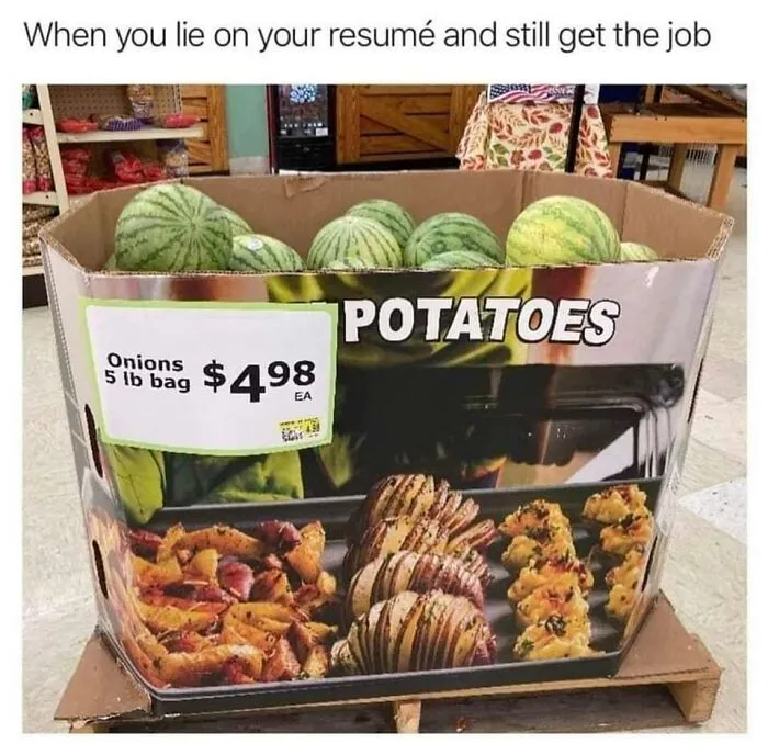 A box labeled "POTATOES" and "Onions" containing watermelons, illustrating a Zoom meme about resume lies.