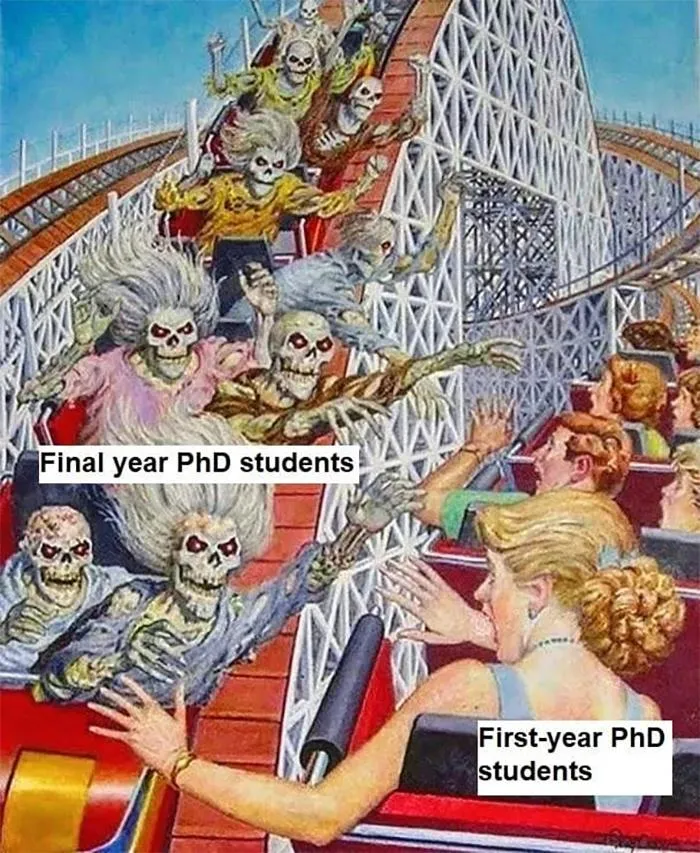 A humorous Zoom meme showing zombie-like final year PhD students on a rollercoaster reaching for shocked first-years.