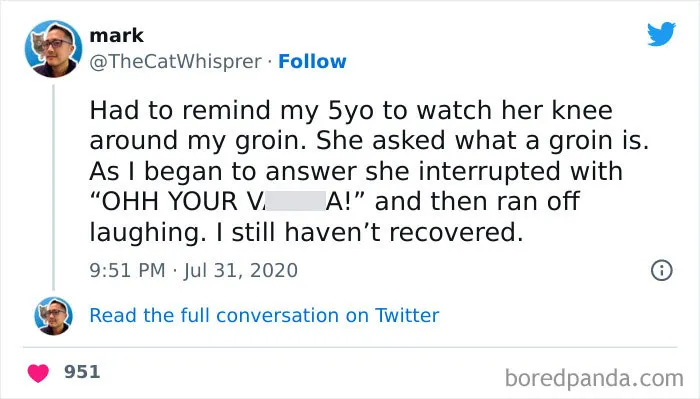 Tweet about a dad's funny experience with his 5-year-old daughter, highlighting the humor in fatherhood.