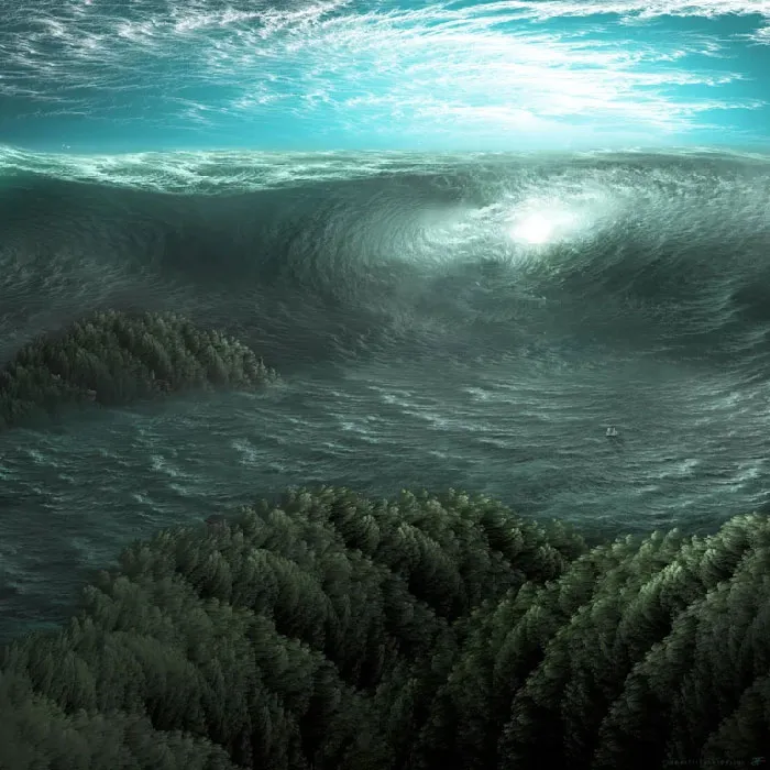 Massive ocean wave towering over a forested coastline, creating a frightening and intense scene near the ocean.