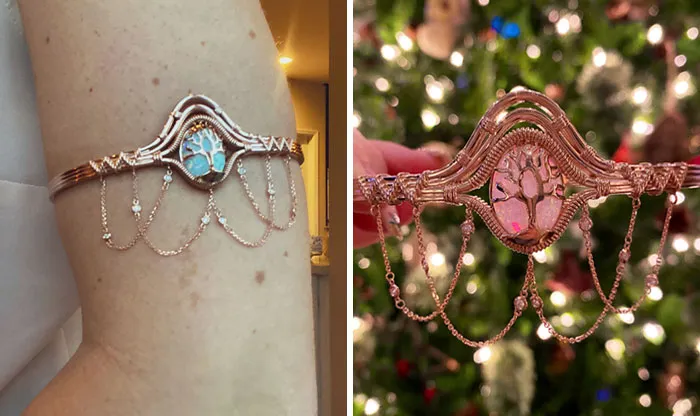Mi marido se acordó de que me gustaba un brazalete de ópalo que vi en Etsy, así que encargó uno de oro rosa a juego con mi anillo de boda como regalo de navidad