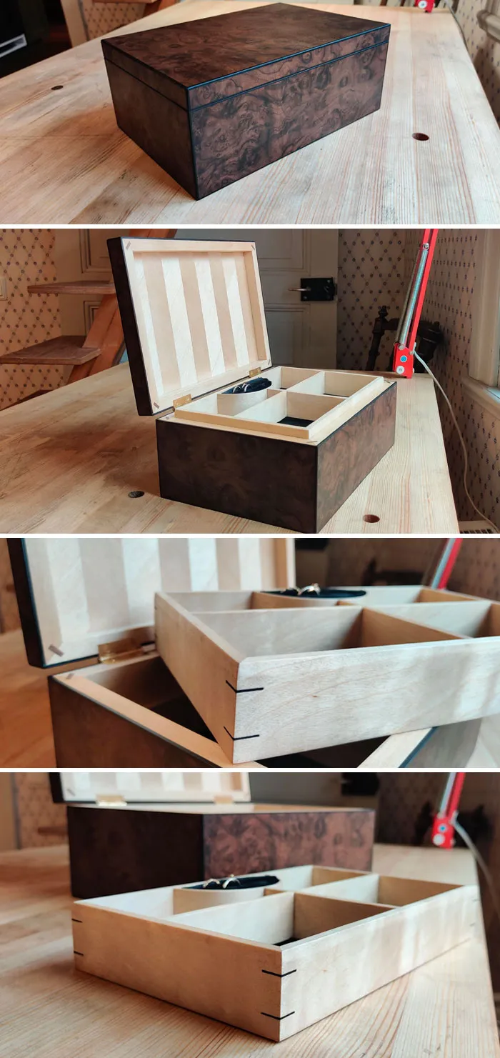 Un joyero para mi novia, hecho completamente con herramientas que no son eléctricas. Con detalles de abedul, nogal y ébano