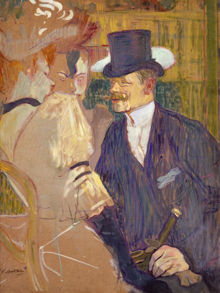 A famous portrait painting by Henri de Toulouse-Lautrec, showcasing a man in a top hat engaged in lively conversation.
