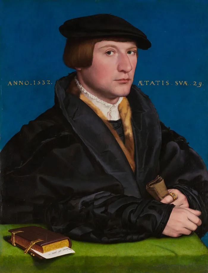 Portrait painting of a man in 16th-century attire with a blue background, showcasing historical significance.