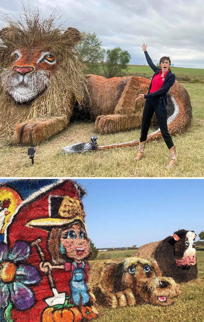 Desde hace 3 años, Lesa Ritchie crea cada otoño arte de paja en su jardín